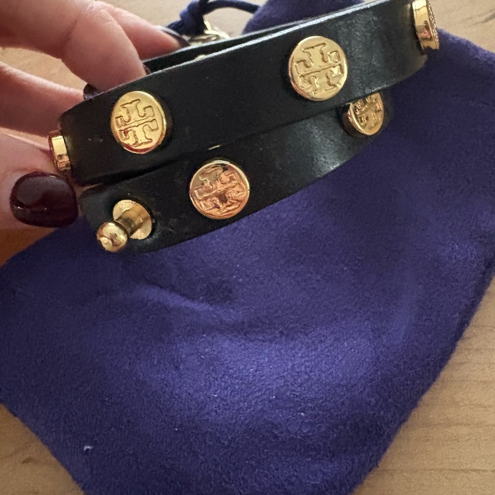 Tory Burch Black Leather Bracelet with Gold Accents